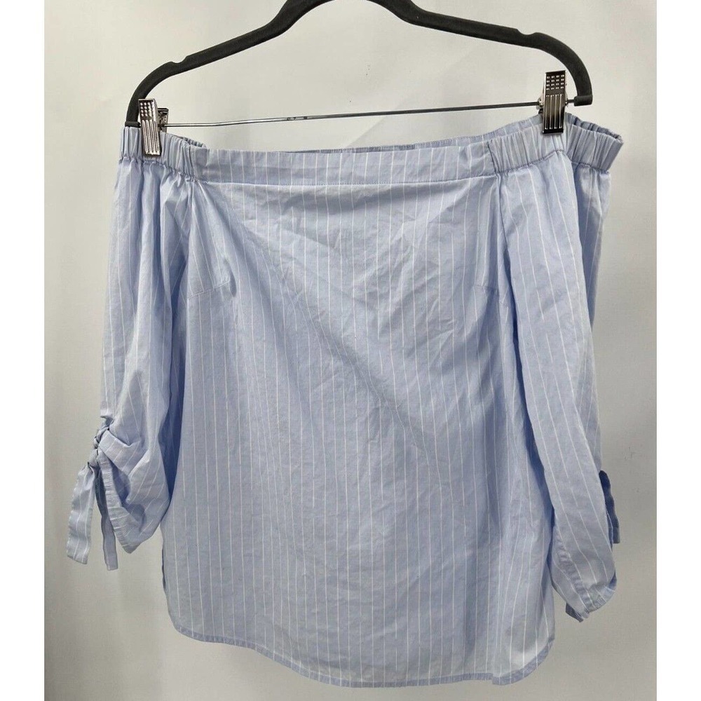 HALOGEN Womens Size XS Blue White Striped Tie 3/4 Sleeve Off Shoulder Top